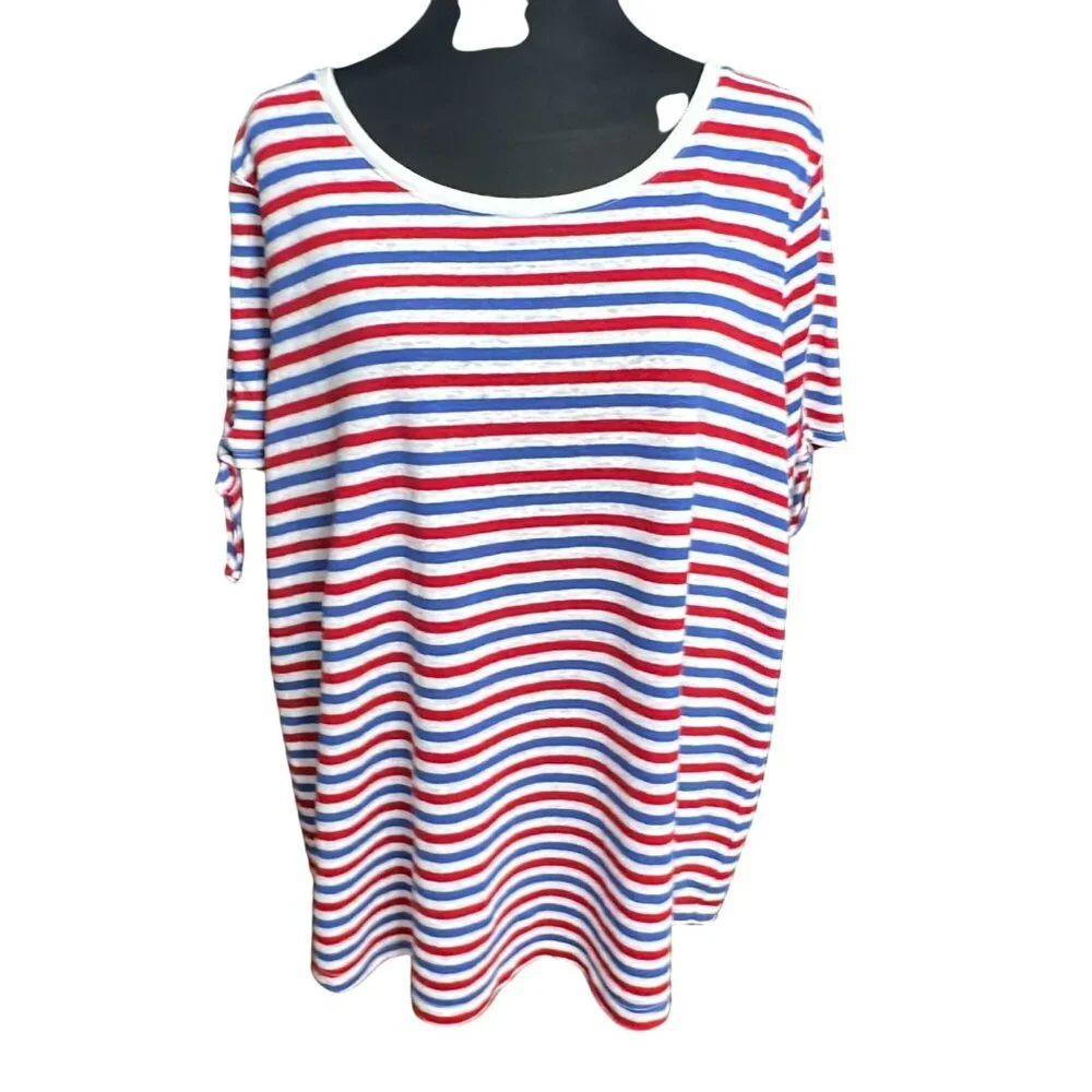 Talbots Shirt Size 2X Red White Blue Patriotic USA Linen Blend Stripe Top Tee - Picture 1 of 10